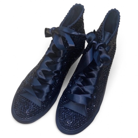 Jet Black Crystal High Top Converse Sizes 5-14 New In Box With Ribbon Laces - Picture 2 of 14
